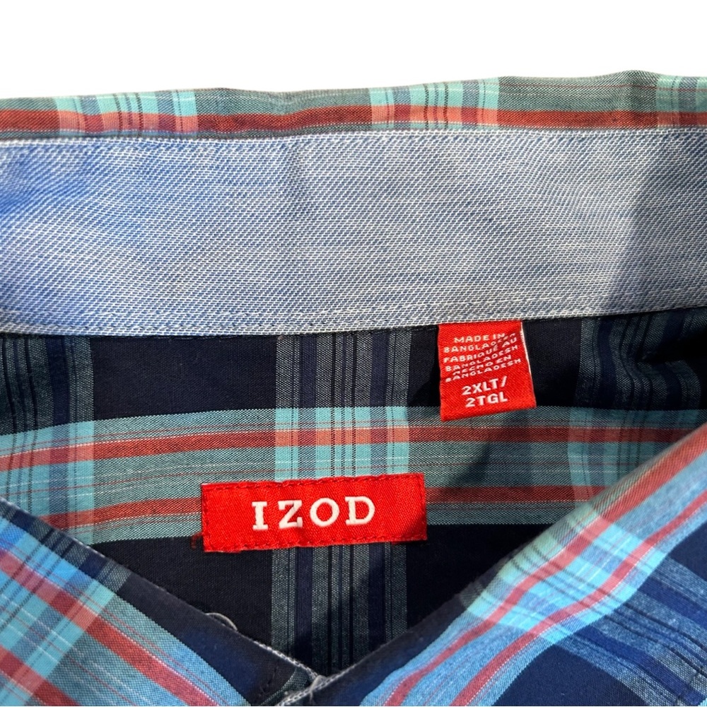 Izod Button Down Shirt 100% Cotton Long‎ Sleeve Blue/Green Check Plaid Mens 2XLT - Picture 4 of 10